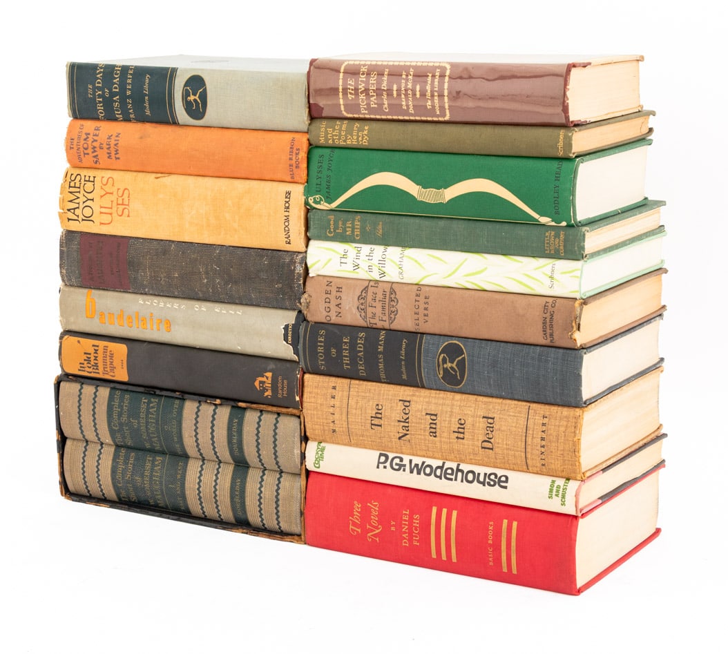 Modern & Classic Literature Hardcover Books, 18: Group of Eighteen Modern and Classic Literature Hardcover Books, comprising: two copies of "Ulysses", Joyce, James, "The Forty Days of Musa Dagh", Werfel, Franz, "The Flowers of Evil", Baudelaire, Cha