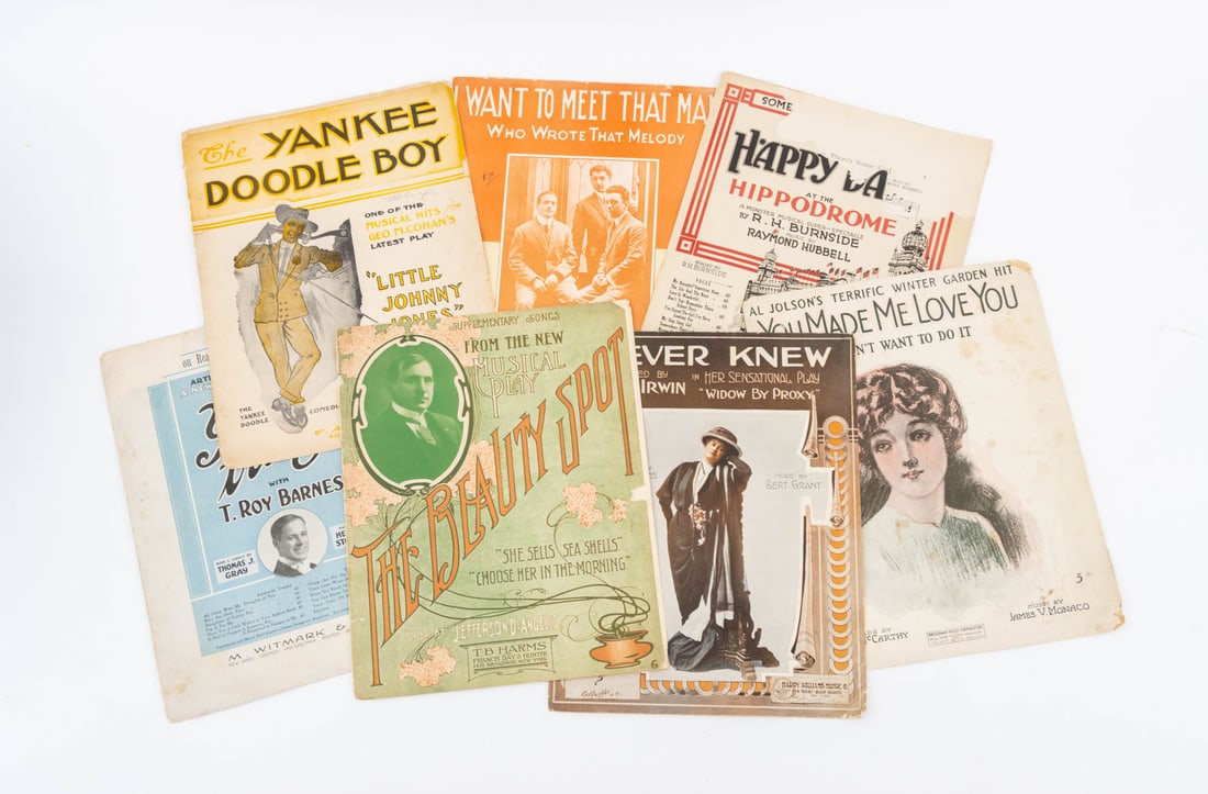 Collection of Sheet Music Booklets, 7: Collection of Seven Sheet Music Booklets, comprising: "The Yankee Doodle Boy", Cohan, George M., "I Never Knew", Grant, Bert, "Happy Days at the Hippodrome", Hubbell, Raymond, "Yours Truly with T. Roy