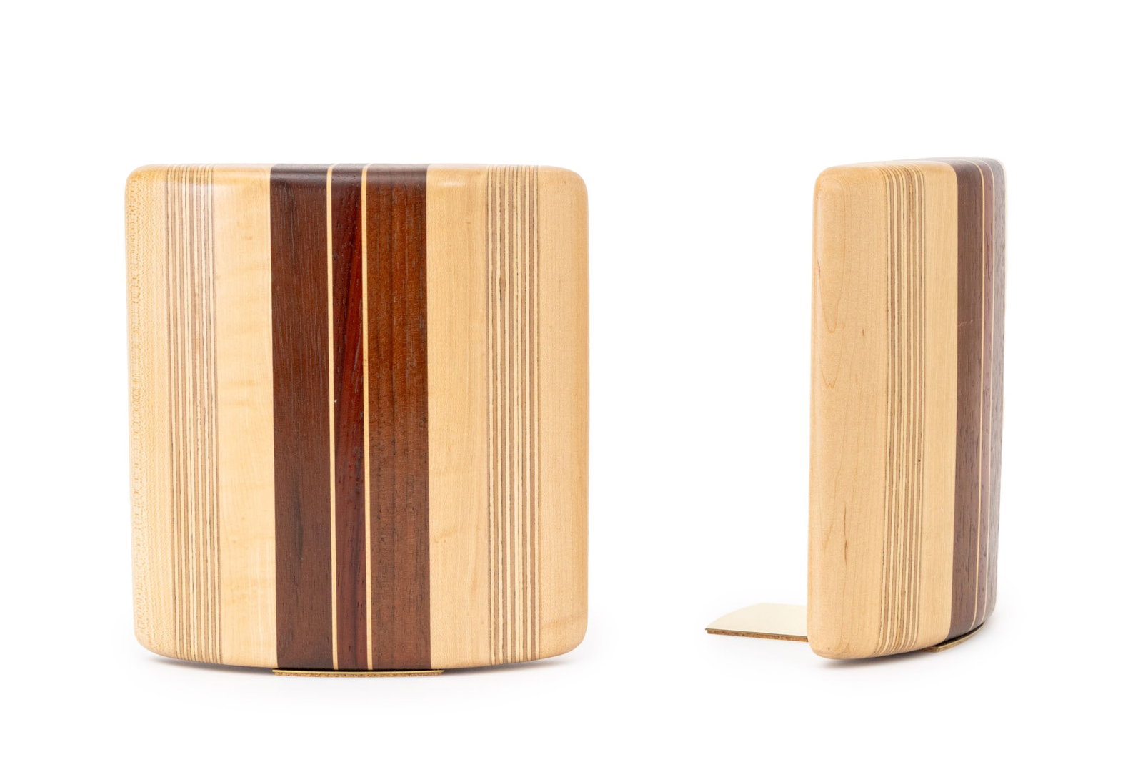 Mid-Century Modern Curved Wood Bookends, Pair: Pair of Mid-Century Modern Curved Wood Bookends, with rosewood and walnut inlay and brass stands. 7.25" H x 6.5" W x 4.5" D. Provenance: From a Warren, New Jersey Collection. Keywords: Vintage, Carvin