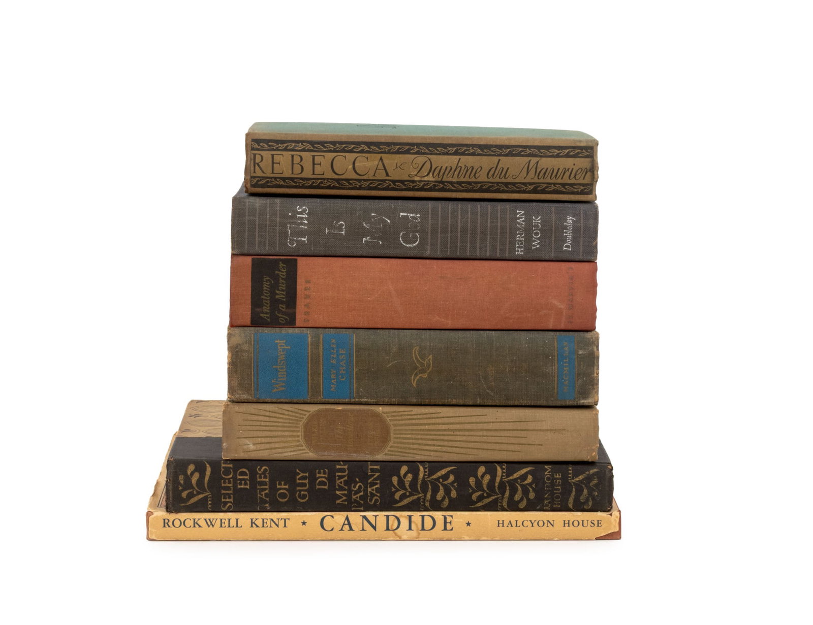 Fiction and Literature Books, 7: Collection of Seven Fiction and Literature Books, comprising: "Windswept", Chase, Mary Ellen, "Rebecca", Du Maurier, Daphne, "Anatomy of a Murder", Traver, Robert, "The Moonstone", Collins, Wilkie, il