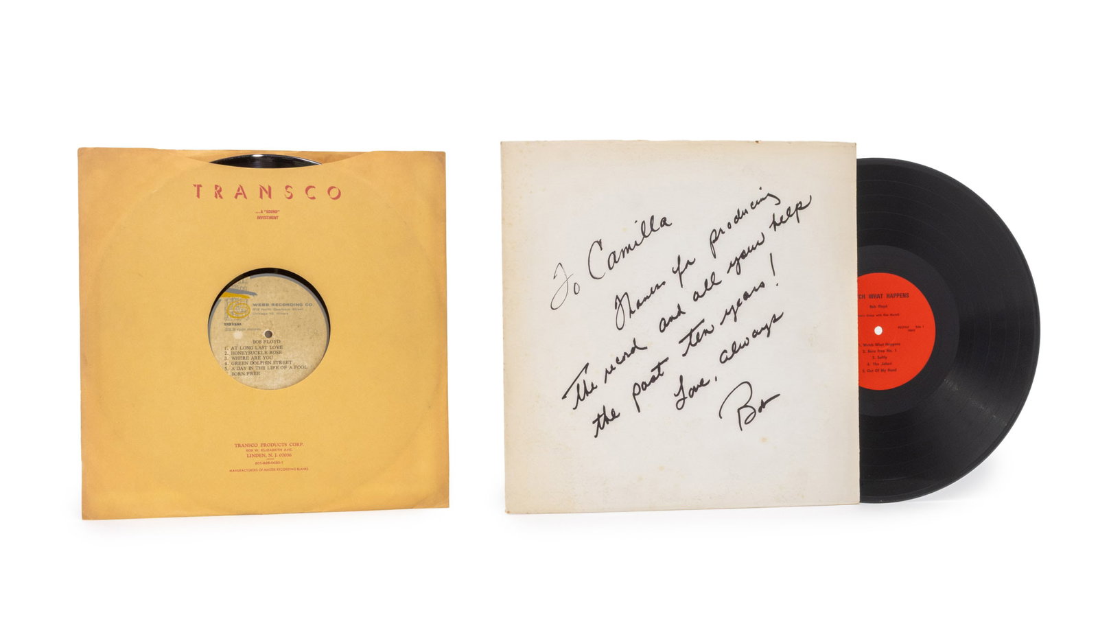 Signed, Etc. Bob Floyd Vinyl Records, 2: Collection of Two Bob Floyd Records, comprising: "Watch What Happens", Floyd, Bob and Kim's Group with Kim Martell", signed and inscribed on record sleeve, "Bob Floyd". Each: 12.25" L x 12.25" W. Prov