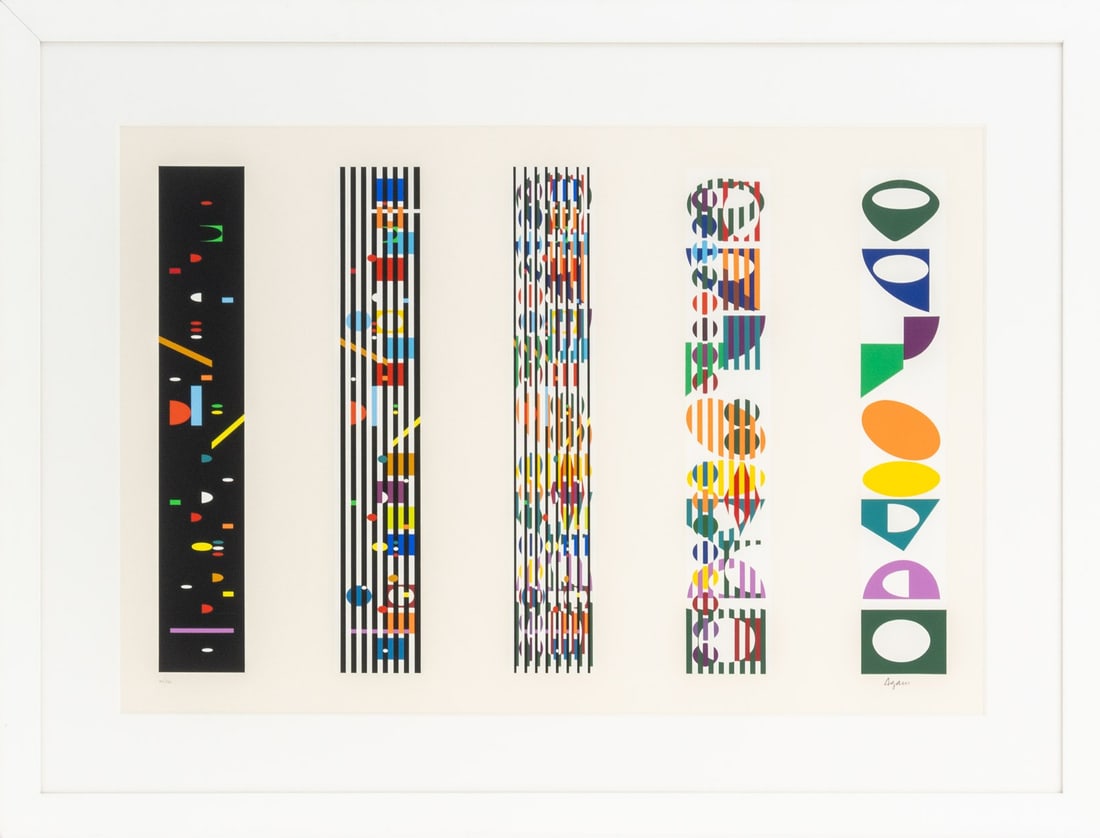 Yaacov Agam "Time Change" Screenprint, 1980: Yaacov Agam (Israeli, b. 1928), "Time Change", Screenprint in Colors, 1980, signed in pencil lower right, numbered edition "142/144" lower left, white frame. Image: 19" H x 30.5" W; frame: 31.75" H x 