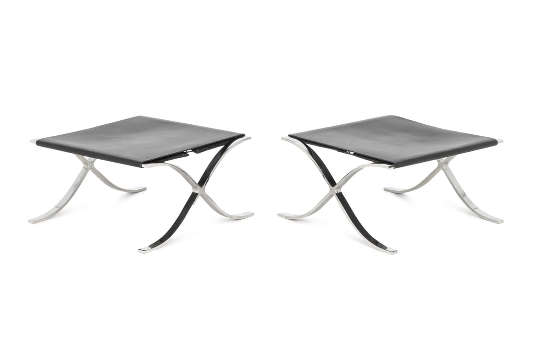 Mies van der Rohe x Knoll Barcelona Ottomans, Pair: Pair of Mies van der Rohe for Knoll Studio "Barcelona" Ottomans, each with black leather sling on chrome-plated X-form base and marked to base. 12.25" H x 21.5" W x 23" D. Provenance: From a New York 