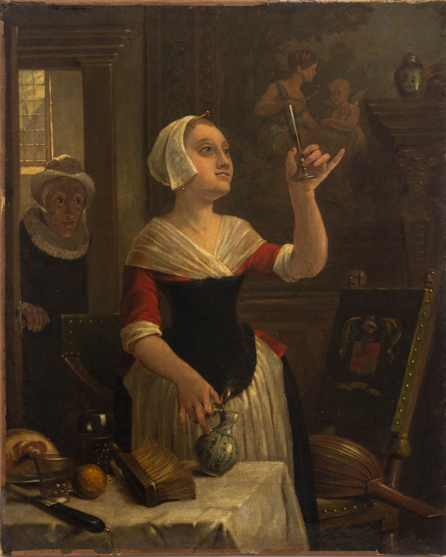 Eugene Van Hove Woman in Interior Scene, 19th C.: Eugene Van Hove (Dutch, 1869-?), Woman Admiring a Candlestick in an Interior Scene, Oil on Canvas Mounted on Panel, 19th century, signed lower right, unframed. 20" H x 16" W x 0.75" D. Provenance: