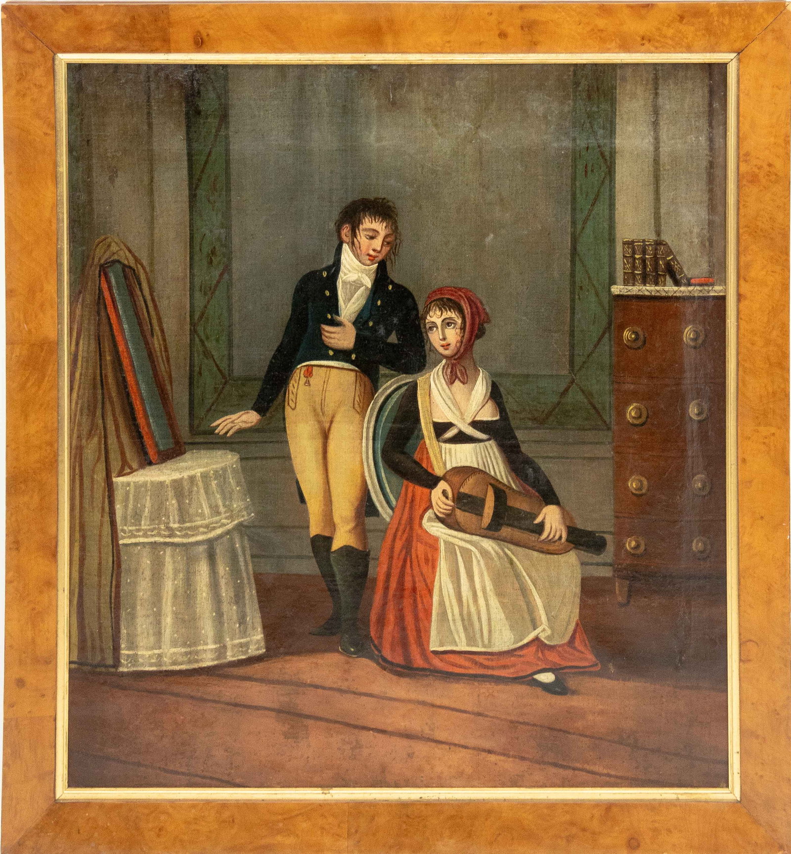European Playing a Hurdy-Gurdy Oil, 19th C.: European School, Interior Scene of a Couple Playing a Hurdy-Gurdy, Oil on Canvas, 19th century, unsigned, burl walnut frame. Image: 30" H x 27.25" W; frame: 35" H x 32.5" W x 1.5" D. Provenance: From 