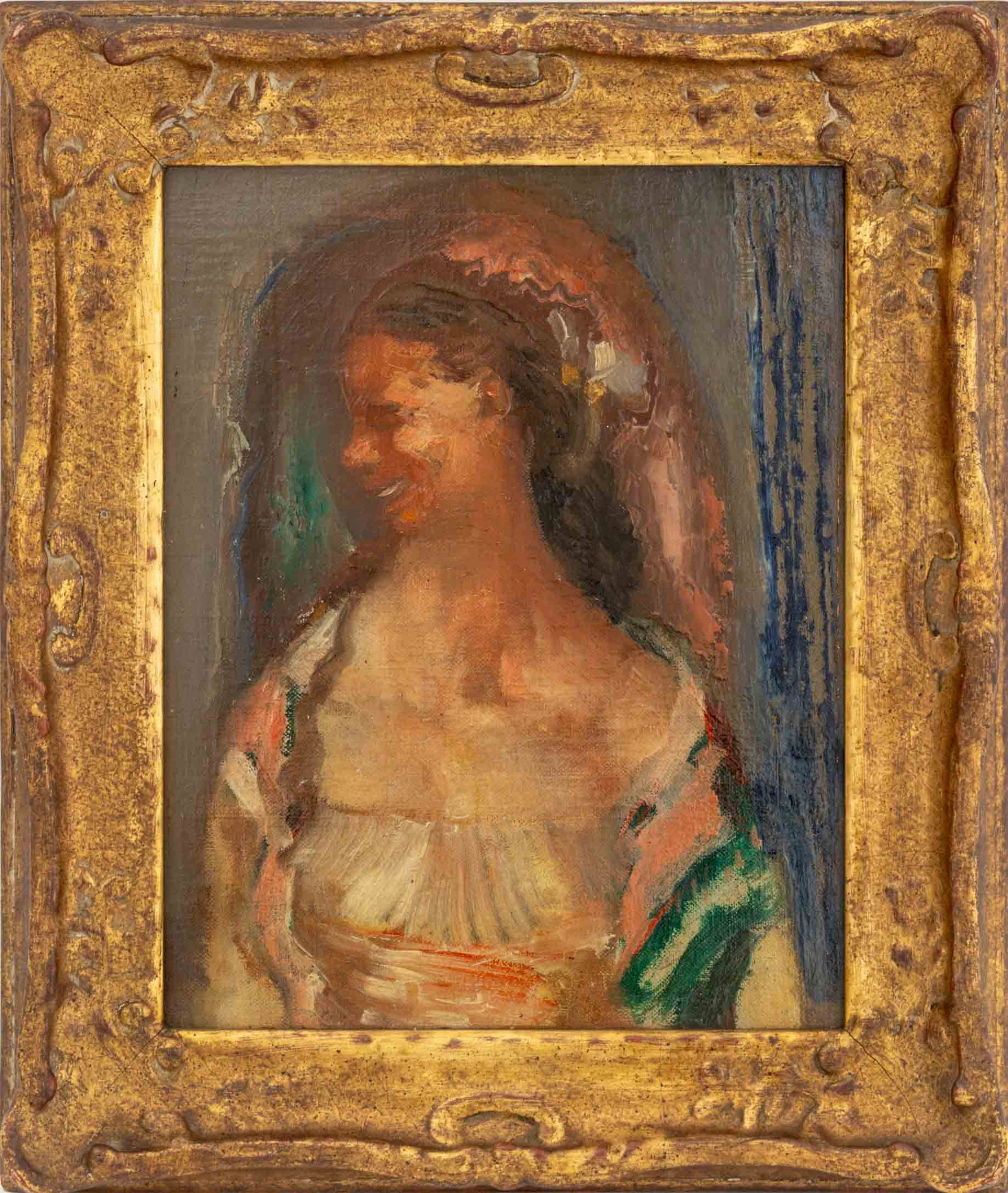 Jon Corbino "The Circus Lady" Oil on Canvas Panel: Jon Corbino (American, born Italy, 1905-1964), "The Circus Lady", Oil on Canvas Panel, signed lower left, paper label verso with Christmas Card from the Corbinos, giltwood frame. Image: 9.5" H x 7.5"