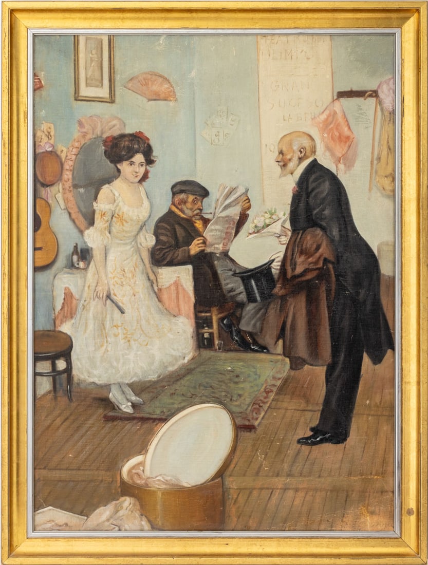 Clyde Singer Attr. Courting Scene Oil on Canvas: Clyde J. Singer (American, 1908-1999) Attributed, Courtship Scene, Oil on Canvas, 20th century, partially obliterated signature lower right, giltwood frame. Image: 47.5" H x 34.5" W; frame: 53.5" H x