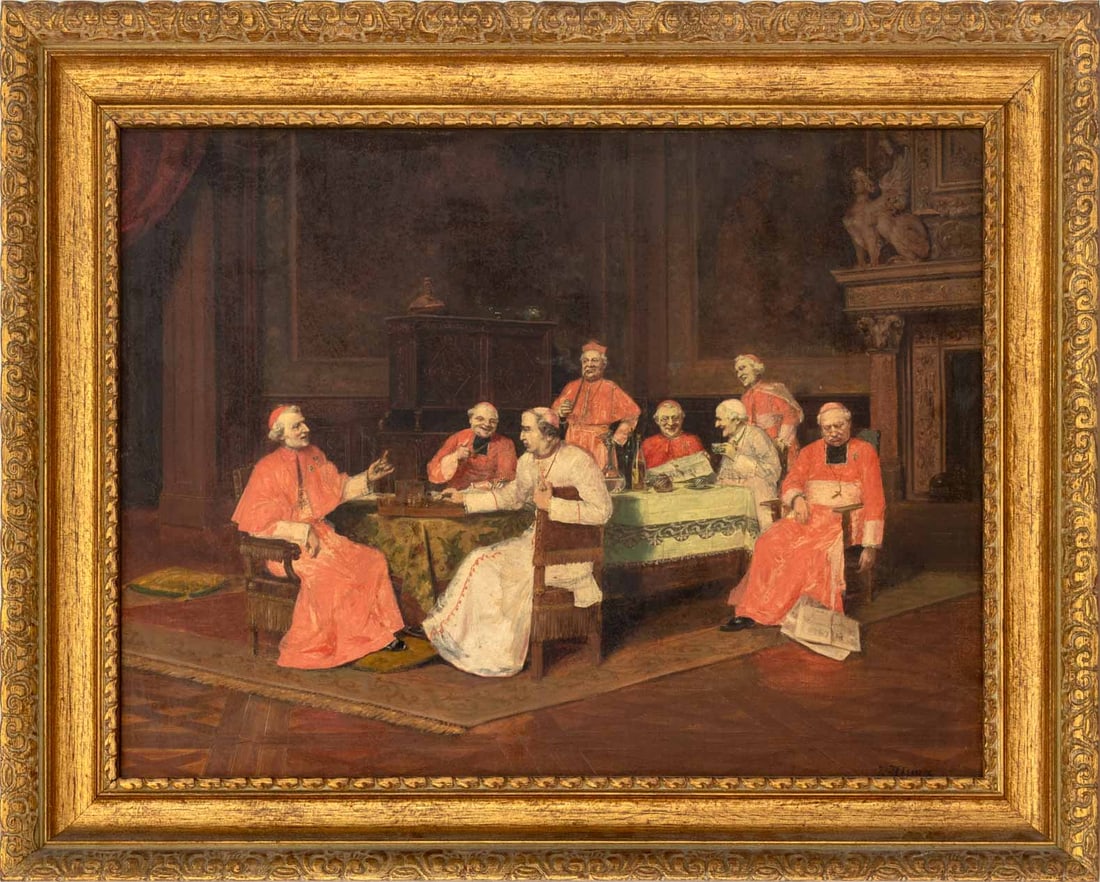 Jacques Alsina Cardinals at Play Oil on Board: Jacques Alsina (French, XIX-XX), Interior Scene of Cardinals Smoking and Napping, Oil on Board, signed "J. Alsina" lower right, carved giltwood frame. Image: 15" H x 19.75" W; frame: 20" H x 24.75" W