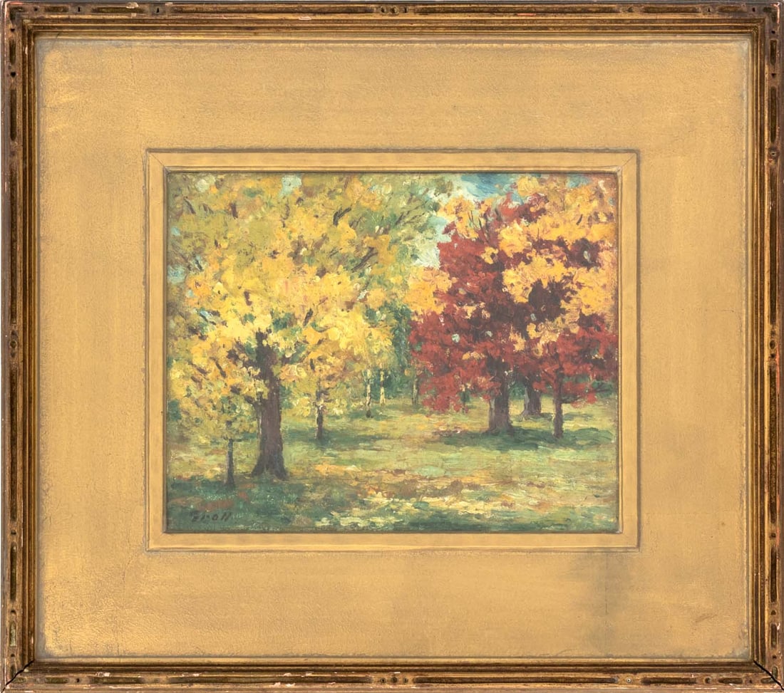 Albert Lorey Groll "The Golden Times" Oil, c. 1900: Albert Lorey Groll (American, 1866-1952), "The Golden Times", Oil on Panel, circa 1900, signed lower left, signed "A.L. Groll", titled, and inscribed verso, giltwood frame. Image: 7.75" H x 9.75" W; f