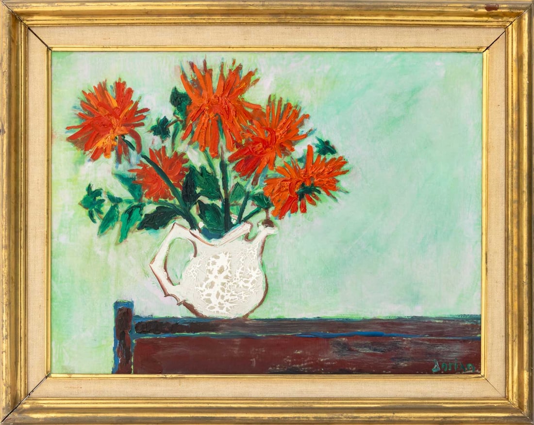 Gilbert Adrian Still Life Scene Oil on Canvas: Gilbert Adrian (American, 1903-1959), Still Life Scene of Orange Flowers in a White Jug, Oil on Canvas, signed lower right, giltwood frame. Image: 17.5" H x 23" W; frame: 23.5" H x 28.75" W x 2" D.