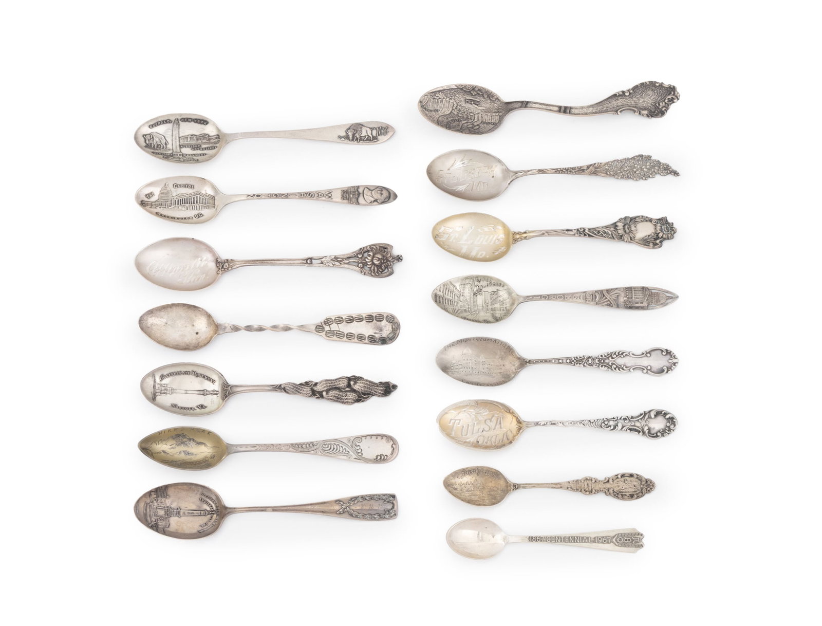 American Sterling Silver Souvenir Teaspoons, 15: Collection of 15 American Sterling Silver Souvenir Teaspoons, including: "Lower Reachtree St. / Atlanta, GA", engraved "Aug. 5th, 1945", marked for Waston Company to handle, and "Coffeyville, Kan.", m
