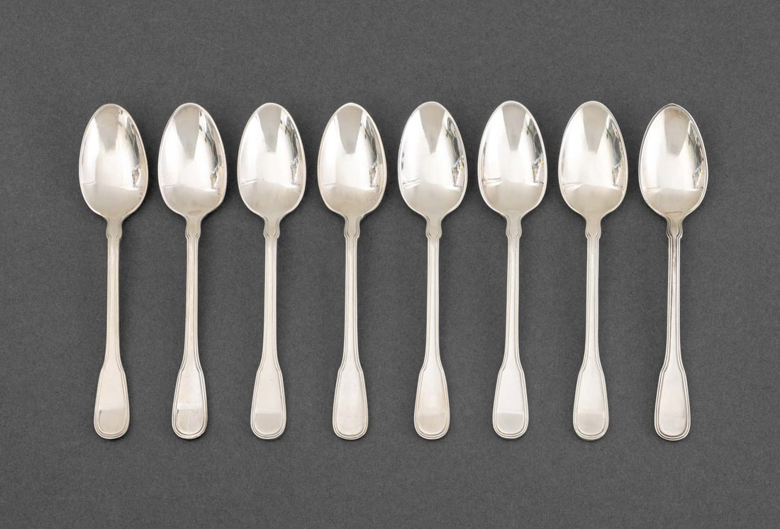 Tiffany & Co. Sterling Silver Demitasse Spoons, 8: Set of Eight Tiffany and Company Sterling Silver "Hamilton" Pattern Demitasse Spoons, marked to handles. Weight: 4.82 ozt.; 4.375" L. Provenance: From a Long Island, New York Estate. Keywords: John