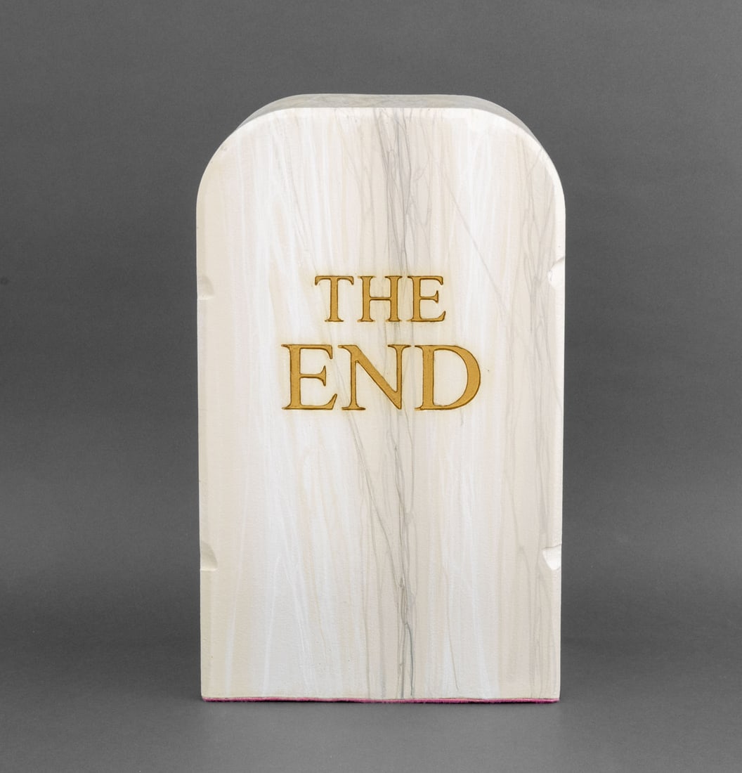 Maurizio Cattelan & Pierpaolo Ferrari "The End": Maurizio Cattelan (Italian, b. 1960) and Pierpaolo Ferrari (Italian, b. 1971) "The End" Sculptural Stool, 2016, polyurethane foam with guflac, white faux marble tombstone with gilt lettering,