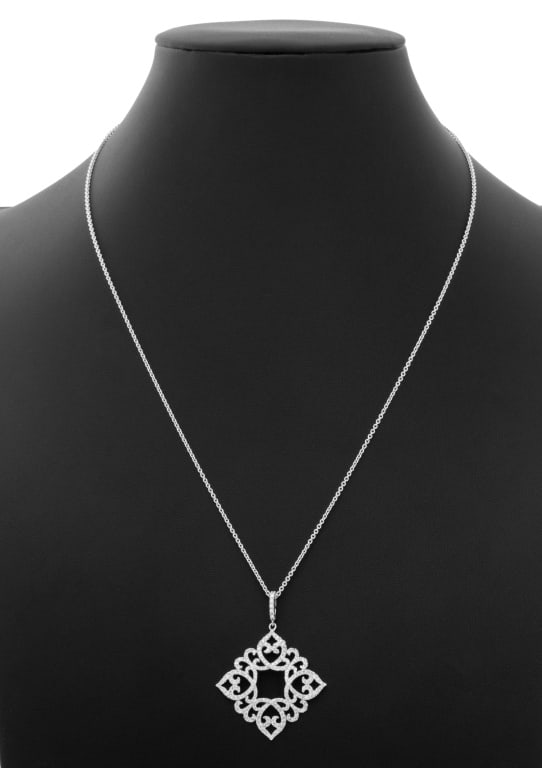 Scrollwork Hearts Diamond Pendant Gold Necklace: Openwork Scrollwork Hearts Form Diamond Pendant 14K White Gold Necklace, featuring non-detachable pendant adorned with two hundred thirteen pave set round brilliant cut diamonds weighing approx. 1.11 