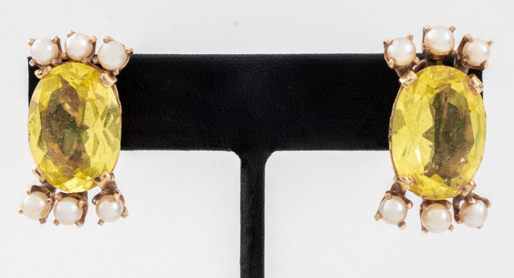 Citrine and Pearl Yellow Gold Clip Earrings (1 of 5)