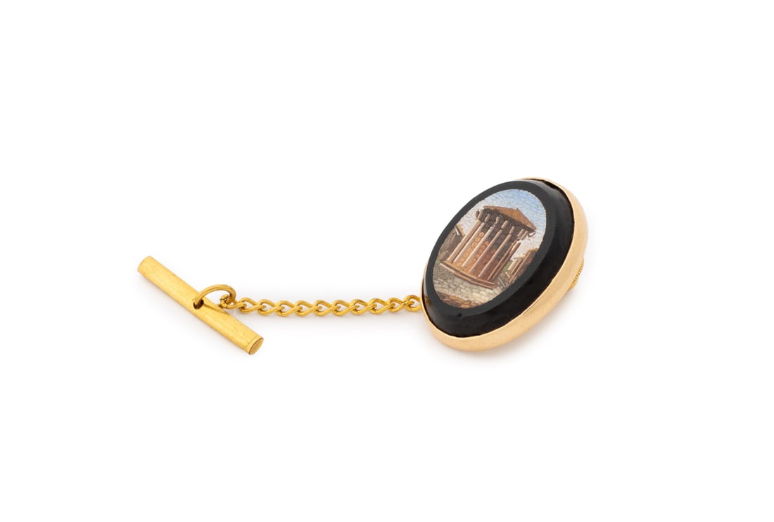 Grand Tour Roman Temple Micromosaic Gold Pin: Grand Tour Micro Mosaic 14K Yellow Gold Pin, featuring bezel set black onyx tablet decorated with dyed glass tesserae depicting the ancient Roman Temple of Vesta, approx. 21 x 17 mm, set into 14K yell