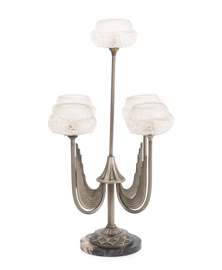 Art Deco Five-Branch Glass and Marble Table Lamp: Art Deco Five-Branch Glass and Marble Table Lamp, four frosted glass floral motif shades emerging from central column and surrounding central light, atop a metal and black Portoro marble circular base