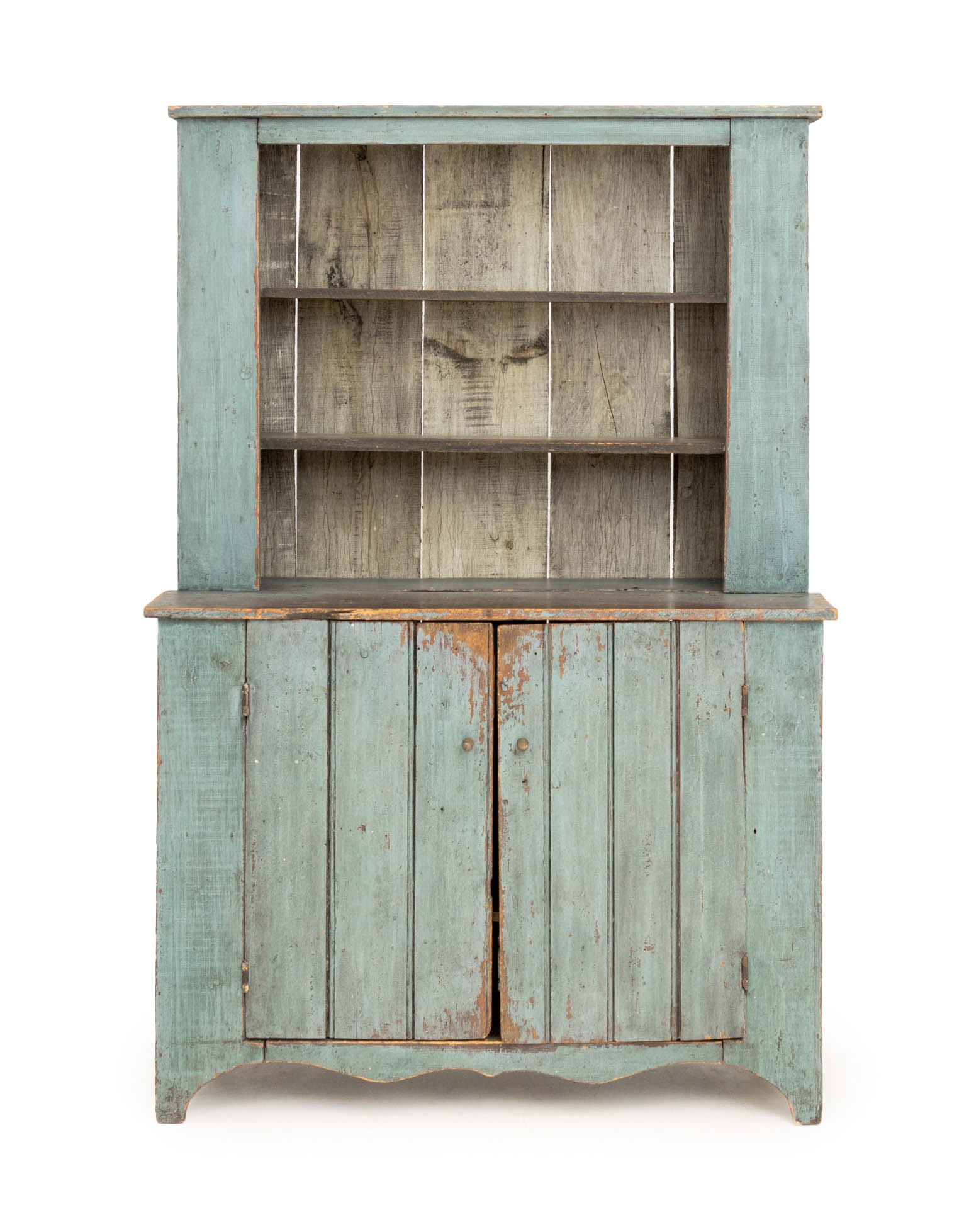 American Blue Painted Step-Back Cupboard: American Blue Painted Step-Back Cupboard, 19th century, with two open shelves above two-door cabinet with one shelf. 73" H x 47" W x 20.25" D. Provenance: From a 21 East 87th Street Estate. Keywords: 