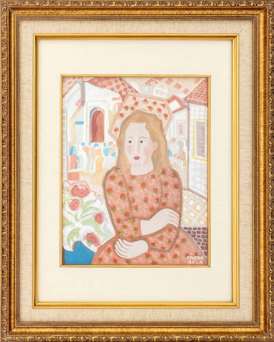 Bela Kadar Portrait of a Girl Gouache on Paper: Bela Kadar (Hungarian, 1877-1956), Portrait of a Girl in a Red Floral Print Dress, Gouache on Paper, signed lower right, giltwood frame. Image: 11" H x 8.5" W; frame: 20" H x 16" W x 1" D. Provenance: