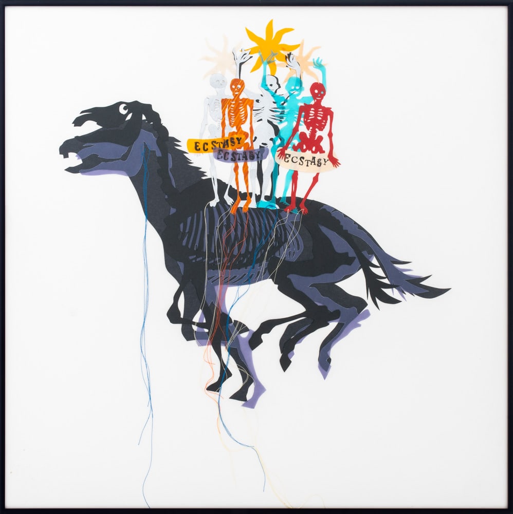 Lesley Dill Ecstasy Skeletons Mixed Media: Lesley Dill (American, b. 1950), Ecstasy Skeletons Riding a Horse, Mixed Media Collage, apparently unsigned, black metal frame. Image: 21.75" H x 21.75" W; frame: 22.25" H x 22.25" W x 1" D. Provenanc