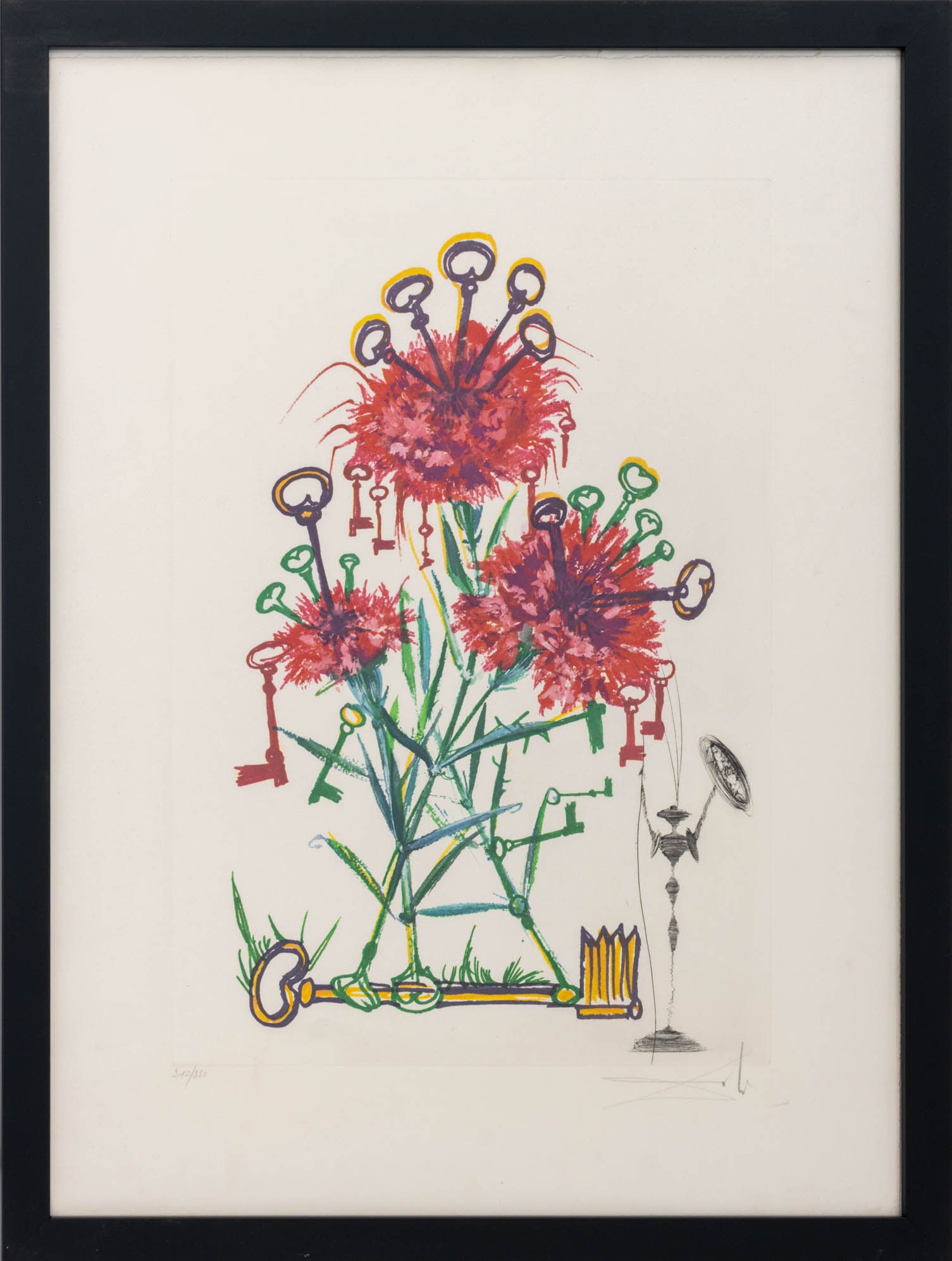 Salvador Dali "Carnation (Keys)" Etching, 1972: Salvador Dali (Spanish, 1904-1989), "Dianthus Caryophyllus cum Clavinibus Multibibis" [Carnation with Many Keys], Etching and Heliogravure in Colors on Arches Paper, 1972, from the "Florals (Surrealis