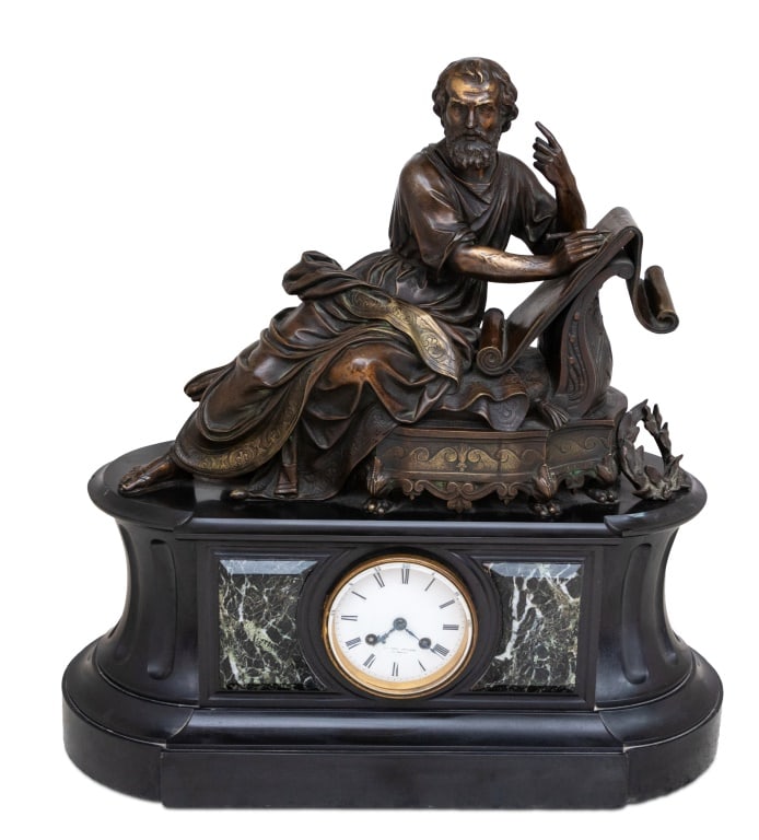 French Patinated Bronze and Marble Mantel Clock: French Patinated Bronze and Marble Figural Mantle Clock, late 19th century, of rounded rectangular form, surmounted by the figure of a reclining philosopher, inscribing a tablet "Oui L'ame Est Immorte