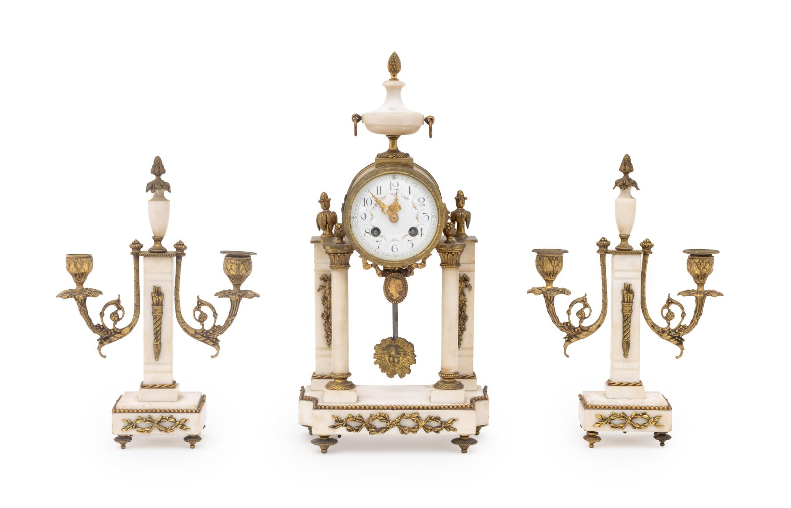Louis XVI Style Marble and Bronze Clock Set, 3: Louis XVI Style Marble and Gilt Bronze Three-Piece Clock Set, late 19th century, the portico clock with strike on bell movement and mask-form pendulum, together with pair of two-branch candelabra. Clo