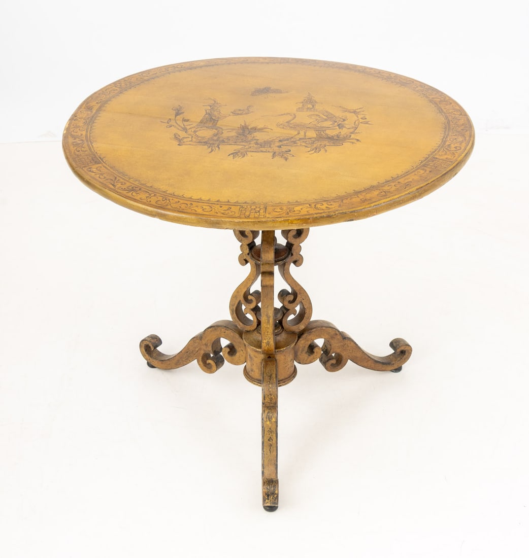 Chinoiserie Style Yellow Painted Occasional Table: Chinoiserie Style Yellow Painted Circular Occasional Table, the top with figural scene painted figural scene and foliate border above scroll form pedestal base with three scroll feet. 28.5" H x 32" Di