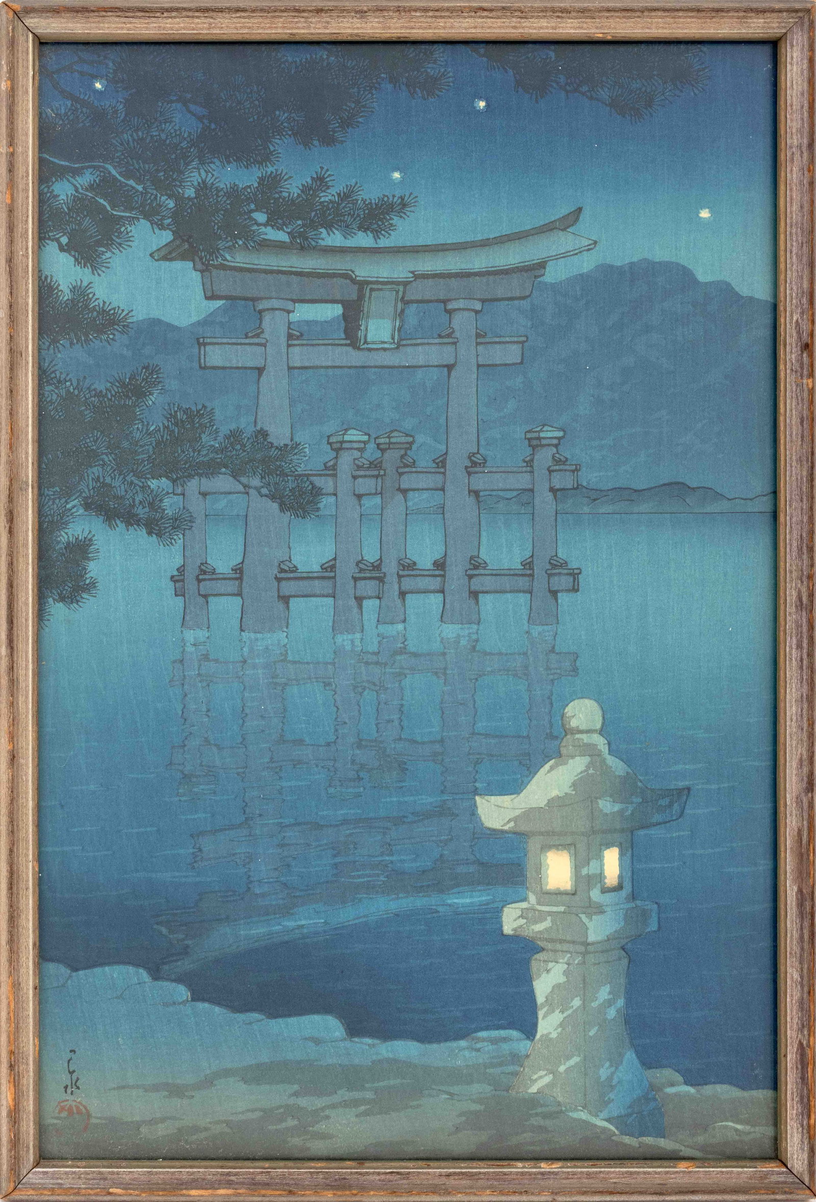 Kawase Hasui "Starlit Night at Miyajima" Woodblock: Kawase Hasui (Japanese, 1883-1957), "Starlit Night at Miyajim Shrine", Woodblock Print in Colors, 1928, from the "Souvenirs of Travel, III" series, artist's chop seal mark lower left, distressed wood 