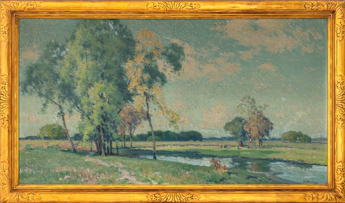 Frank Charles Peyraud River View Oil on Canvas: Frank Charles Peyraud (American/Swiss, 1858-1948), Riverside View, Oil on Canvas, signed lower right, giltwood frame. Image: 25.5" H x 47.5" W; frame: 31.5" H x 53.5" W x 2" D. Provenance: From a New 