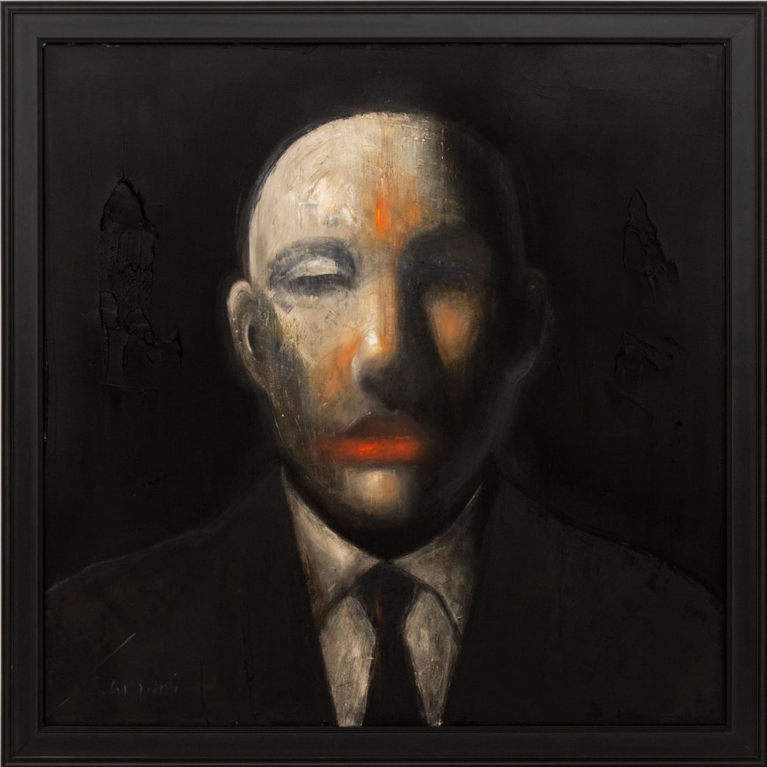 David Harouni Untitled Oil on Canvas: David Harouni (Iranian/American, b. 1962), Untitled (Portrait of a Bald Man), Oil on Canvas, signed lower left, ebonized wood frame. Image: 47.5" H x 47.25" W; frame: 53.75" H x 53.5" W x 1.25" D. Pro