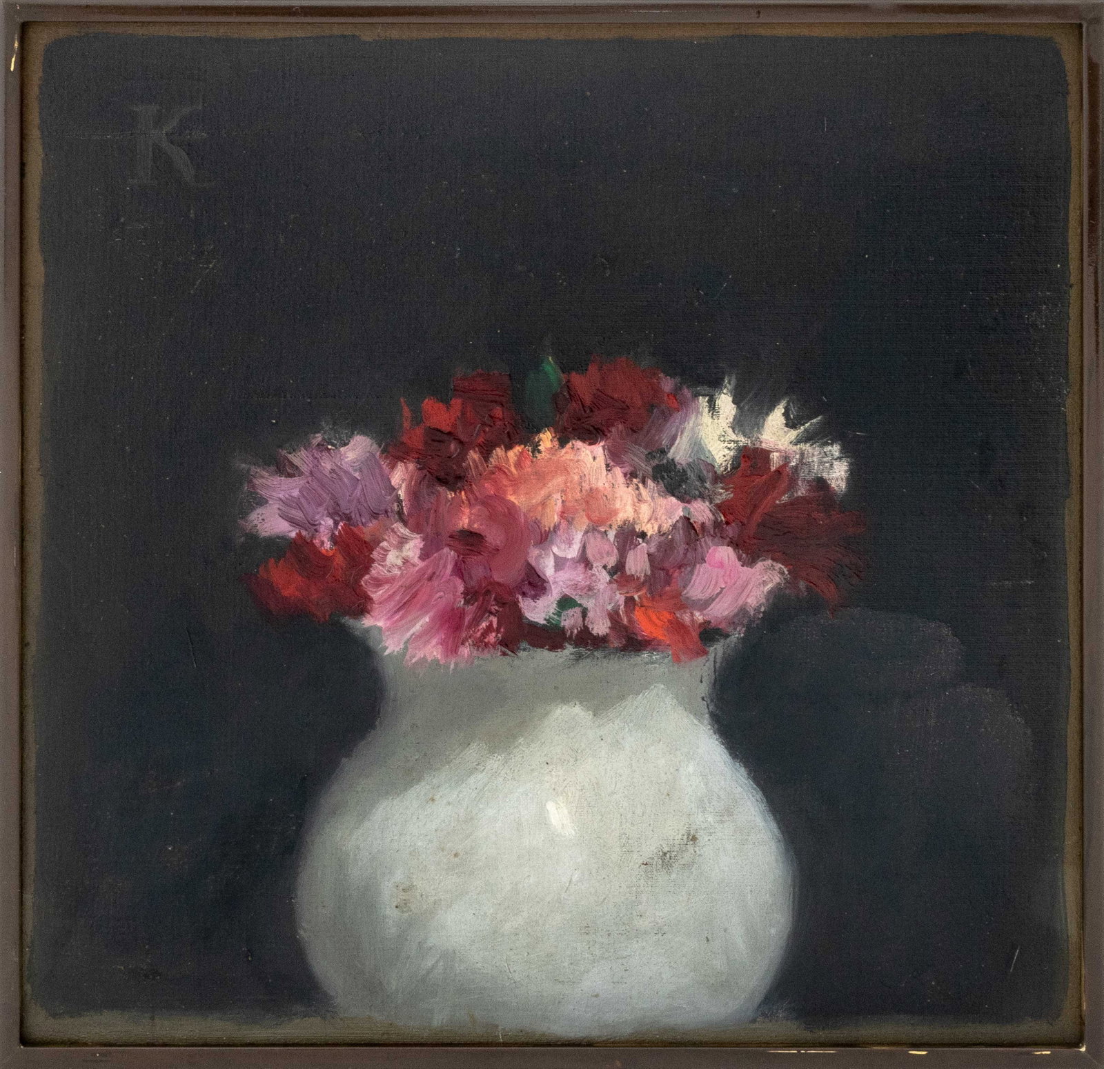 Robert Kulicke Vase of Flowers Oil on Canvas: Robert Kulicke (American, 1924-2007), Still Life Scene of a Vase of Flowers, Oil on Canvas Covered Panel, signed "K" upper left, metal frame. Image: 7.75" H x 7.75" W; frame: 8.25" H x 8.5" W x 1.25" 