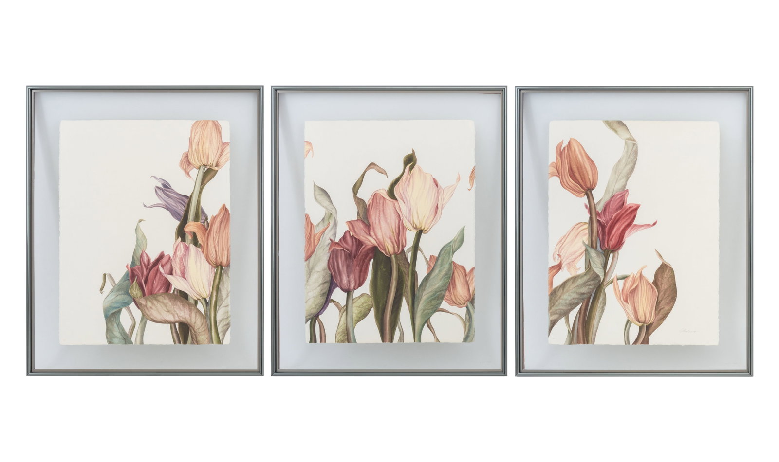 Suzanne Montresor "Fall Tulips" Watercolors, 3: Suzanne Montresor (American, XX-XXI), "Fall Tulips" Triptych, Three Watercolors on Paper, all inscribed in pencil verso, the right side composition signed in pencil lower right, gunmetal-tone frames. 