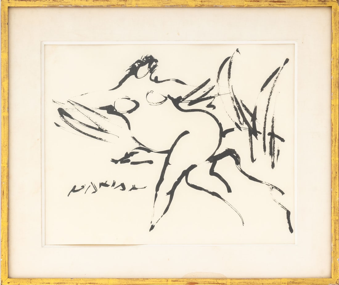 Reuben Nakian "Leda and the Swan" Ink on Paper: Reuben Nakian (American, 1897-1986), "Leda and the Swan", Ink on Paper, signed lower left, giltwood frame. Image: 10.75" H x 13.25" W; frame: 15.25" H x 18" W x 0.75" D. Provenance: From a New York Ci