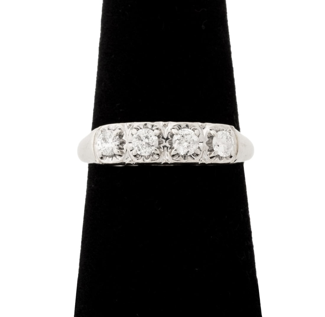 Diamond Four-Stone White Gold Ring, GAL Report: Diamond 14K White Gold Ring, featuring four prong set round brilliant cut diamonds weighing a total of approx. 0.36 carat, includes Appraisal Report # GAL202304140, dated 27 April 2023, marked "14K EN