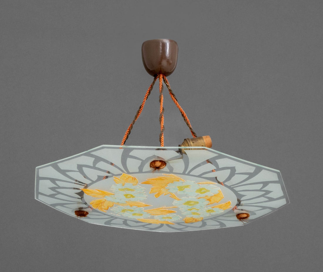 Signed French Art Deco Painted Glass Plafonnier: French Art Deco Polychrome Painted Glass Plafonnier, the octagonal form with four lights and signed "Yvon". 11" H x 17.25" W x 16.5" D. Provenance: From the Estate of Gerard Stora, Vice President of W