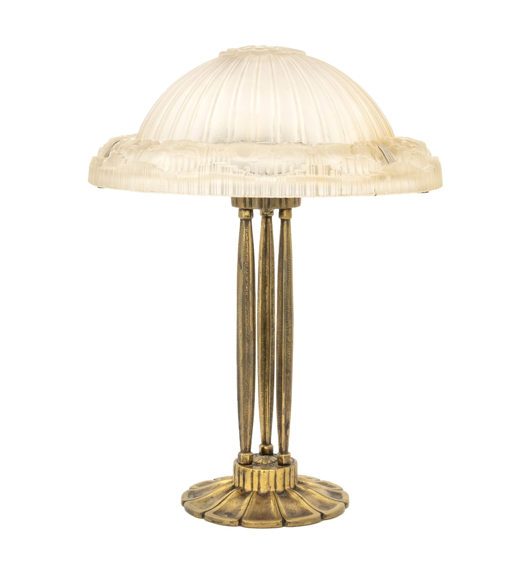 Art Deco Signed Frosted Glass and Brass Table Lamp (1 of 9)