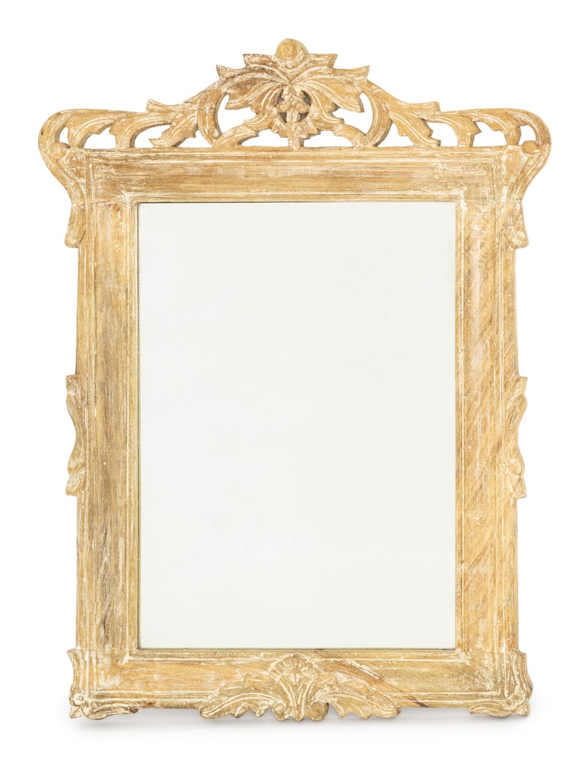 Louis XV Style Carved Wood Framed Mirror: Louis XV Style Carved Wood Framed Mirror, the cresting with foliate motif. Looking glass: 22.5" H x 16" W; frame: 34" H x 26" W x 1" D. Provenance: From a 45 East 62nd Street Collection. Keywords: