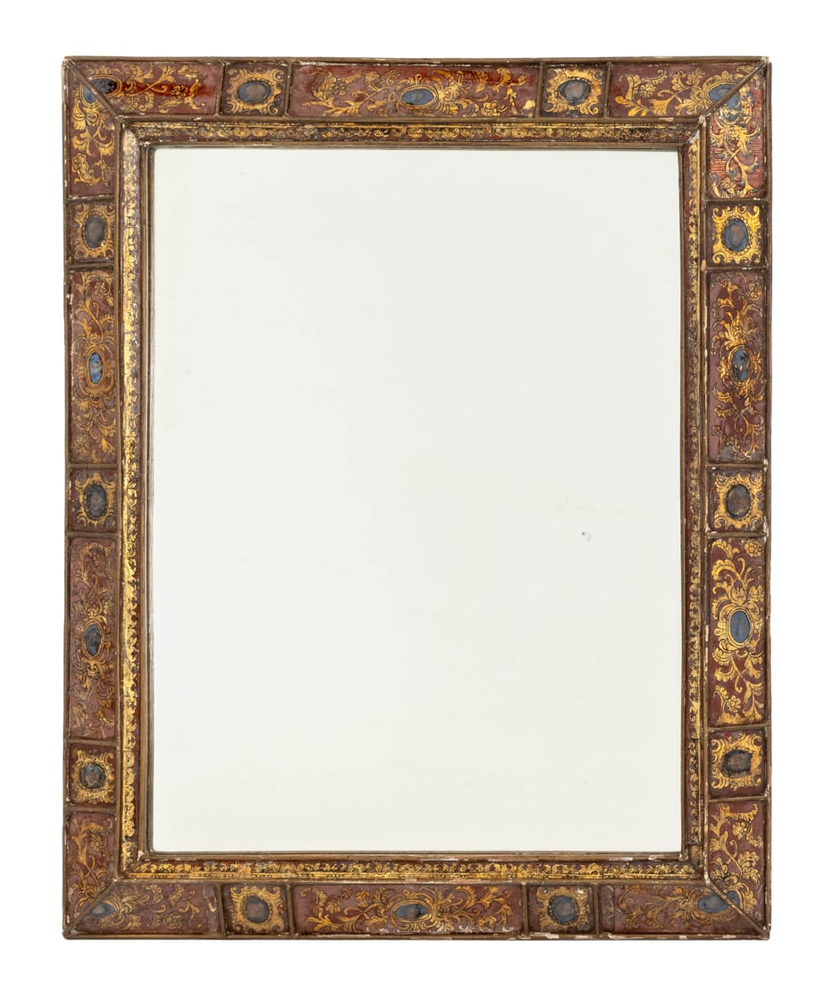 Italian Verre-Eglomise Parclose Giltwood Mirror: Italian Verre-Eglomise Parclose Giltwood Framed Mirror, with scroll work and vignette motif. Mirror plate: 31.5" H x 23.75" W; frame: 39.5" H x 31.75" W x 1.5" D. Provenance: From a 45 East 62nd