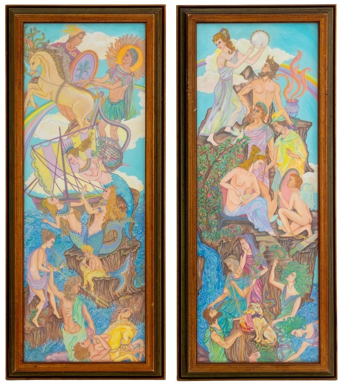 Art Nouveau Style Mythology Scene Gouache, Pair: Pair of Art Nouveau Style Greek Mythology Scenes, Gouache on Board, one of the Gods on Olympus, one depicting Gods and mythical creatures on a rock at sea, both signed "Isabel" lower right, green