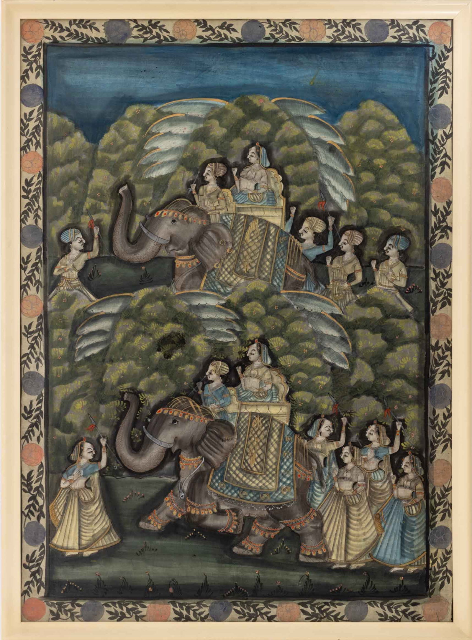 Indian School Royal Procession Pichwai Painting: Indian School, Royal Procession on Elephants, Pichwai Painting on Cloth, 19th century, white painted frame. Image: 47.5" H x 34" W; frame: 50.5" H x 37.25" W x 1.25" D. Provenance: From an East 86th