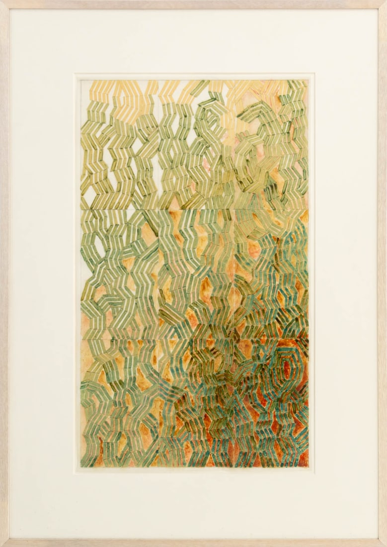 Joseph L. Gardella Zig-Zag Composition Mixed Media: Joseph Lawrence Gardella (American, XX-XXI), Untitled (Zig-Zag Composition), Oil and Tape on Mylar, unsigned, estate stamp to reverse, wood frame. Image: 33.25" H x 20" W; frame: 46" H x 33" W x 1"