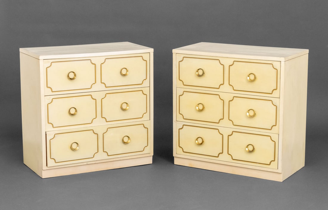 Dorothy Draper Style White Chests of Drawers, 2: Pair of Dorothy Draper Style White Painted Chests of Drawers, each with three drawers and brass handles. 30" H x 29.75" W x 16" D. Provenance: From a West End Avenue Collection. Keywords: Hollywood