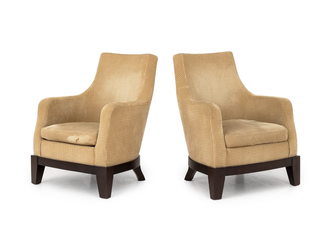 Romeo Sozzi x Promemoria "Aziza Alta" Armchairs, 2: Pair of Romeo Sozzi for Promemoria "Aziza Alta" Arm Chairs, each upholstered in beige on circular wood base with four block feet, "Promemoria" label to bases. 36.5" H x 29" W x 25" D; seat: 16.5" H.