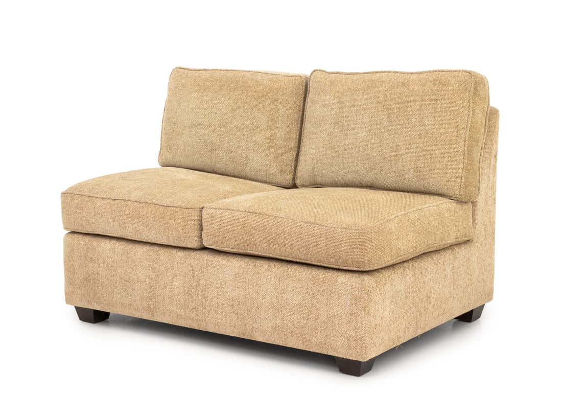 Modern Beige Chenille Upholstered Banquette: Modern Beige Chenille Upholstered Banquette. Overall: 34" H x 48.5" W x 27" D; seat: 19" H. Provenance: From a 45 East 62nd Street Collection. Keywords: Modern Furniture, Seating, Couch, Sofa,