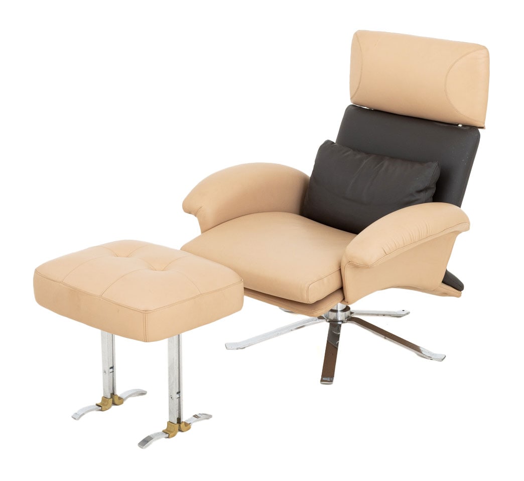 Il Loft Leather Lounge Chair and Ottoman: Il Loft Leather Upholstered Lounge Chair and Ottoman, the chair with beige and chocolate brown upholstery, the ottoman beige tufted, both atop chrome supports and marked. Chair: 38.5" H x 35.5" W x 29