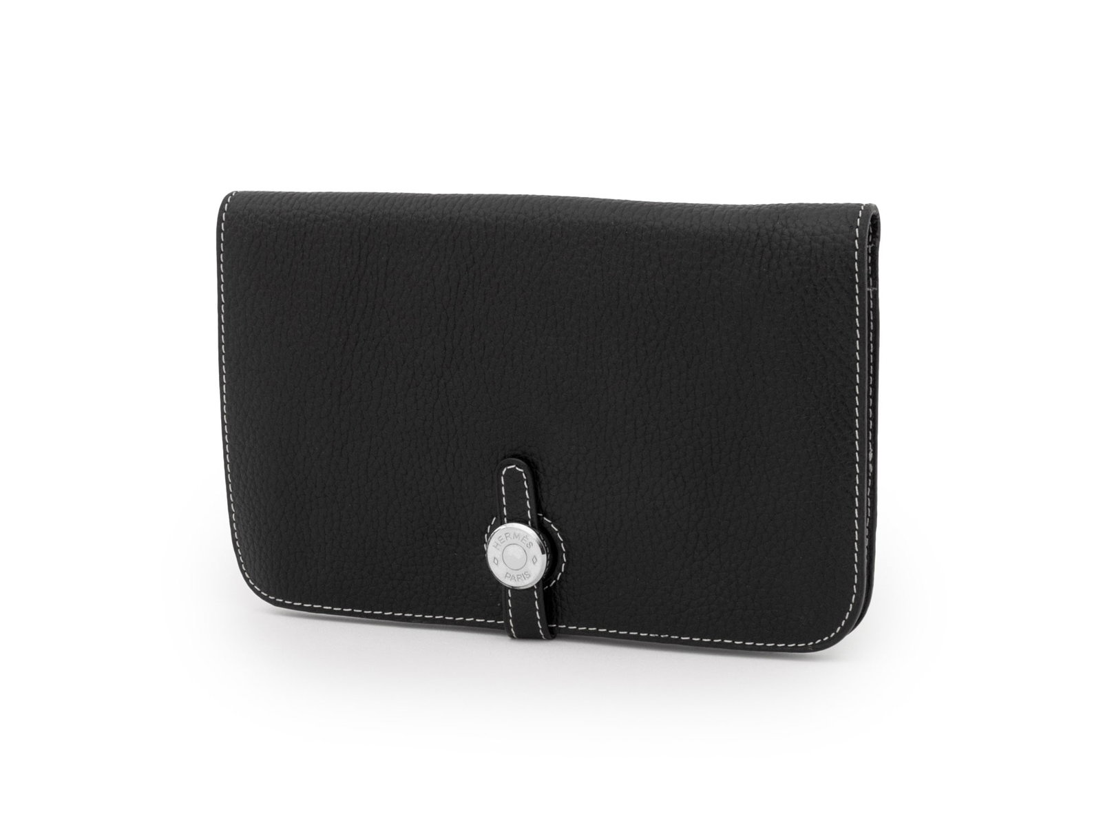 Hermes Black Leather Dogon Duo Long Wallet: Hermes Black Leather Dogon Duo Long Wallet, with silver-tone hardware and white stitching, marked "Hermes / Paris / Made in France" to interior, together with coin purse. 7.5" L x 4.75" W x 0.75" D; o