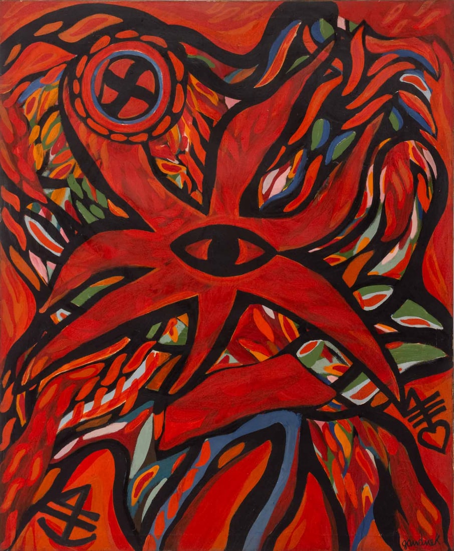 Walter Gaudnek "Hermes in the Garden of Eden": Walter Gaudnek (Czech, 1931-2022), "Hermes in the Garden of Eden", Oil on Canvas, from the "Cosmic Series", signed lower right, titled verso, unframed. 57.5" H x 47.5" W x 1" D. Provenance: From a