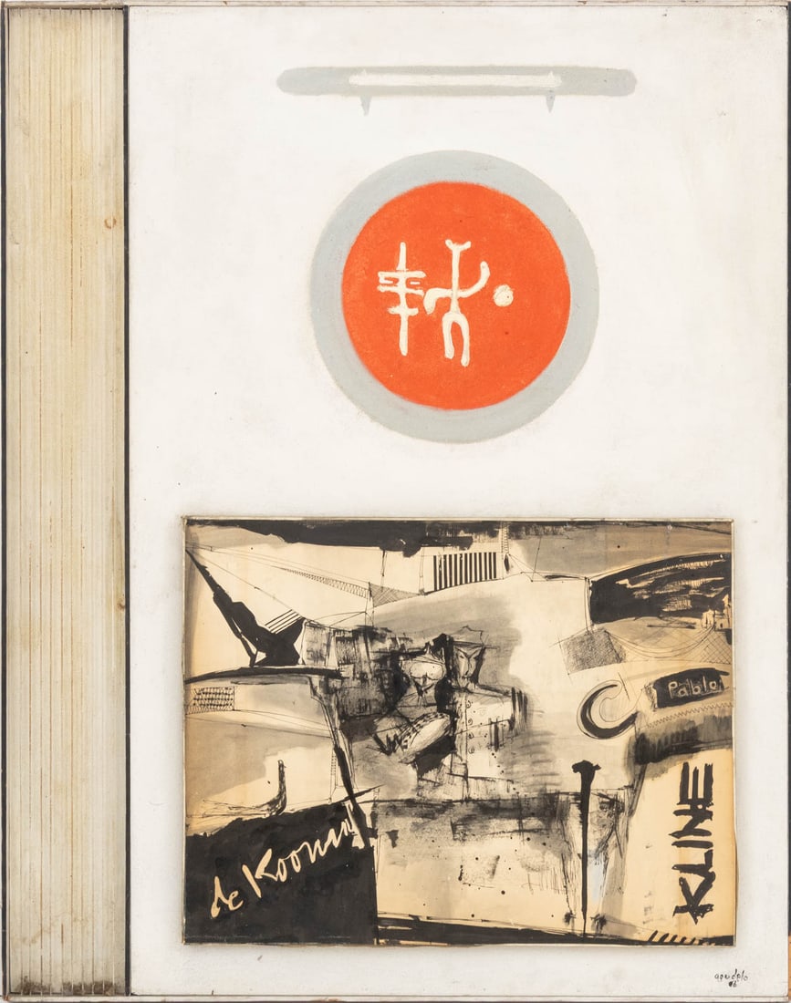 Agudelo Abstract Composition Assemblage, 1967: Agudelo (XX), Abstract Composition, Mixed Media Assemblage with Oil on Board, 1967, strings mounted to left side and Willem de Kooning (Dutch/American, 1904-1997) print mounted to lower half of