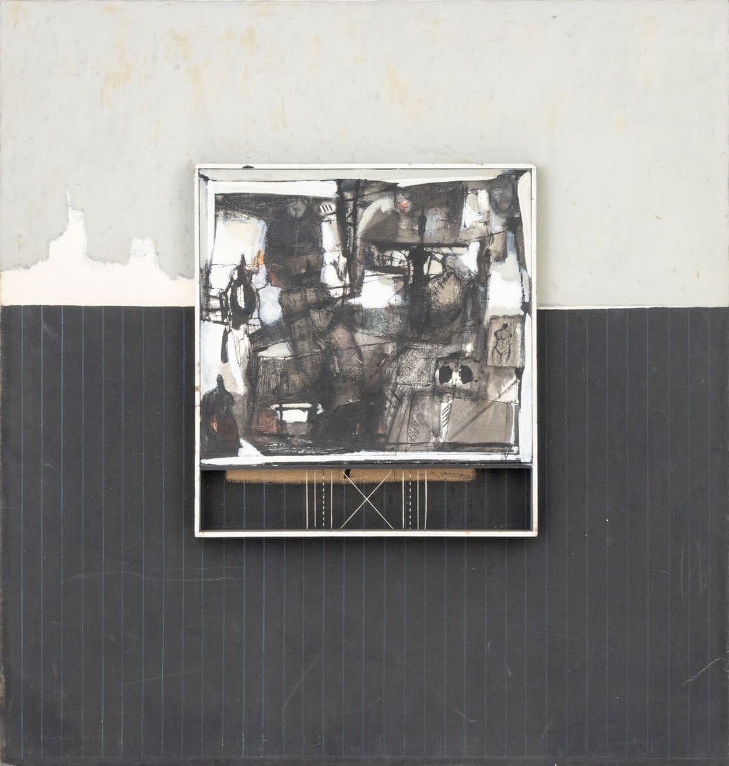 Agudelo Abstract Composition Assemblage, ca. 1960: Agudelo (XX), Abstract Composition, Mixed Media Assemblage on Canvas, circa 1960, unsigned, wood framed oil on canvas to center, the whole unframed. Overall: 38" H x 36" W x 2.5" D. Provenance: From a